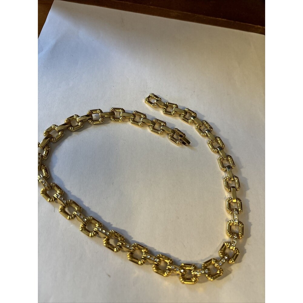 Vintage Rhinestone Gold Tone Collar Necklace Unique Square Link